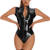 Sleeveless Zipper PVC Bodysuit High Neck