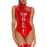 Sleeveless Zipper PVC Bodysuit High Neck