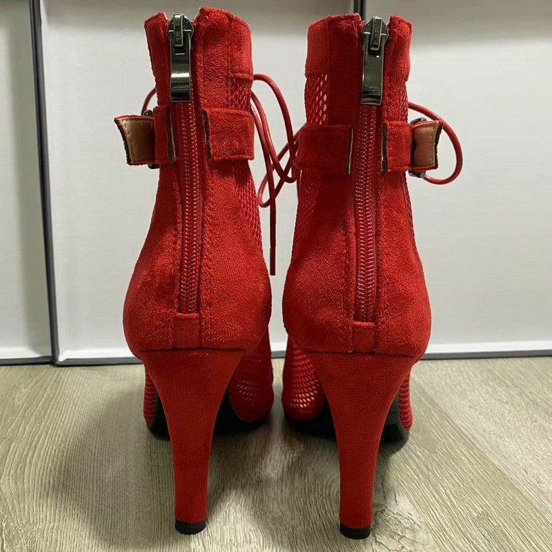 Mesh Short Boots Zipper Back High Heels