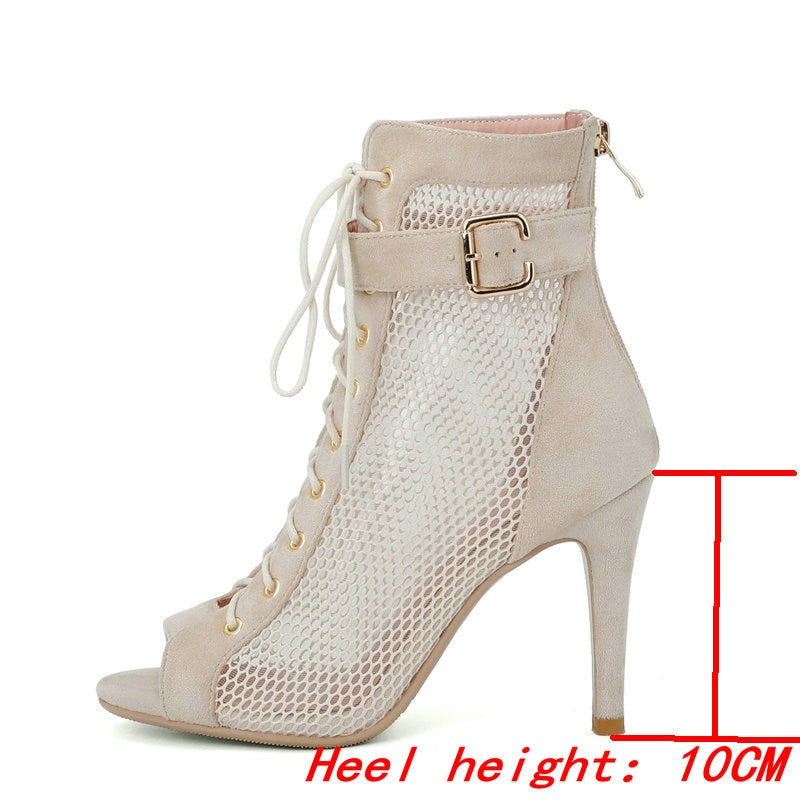 Mesh Short Boots Zipper Back High Heels