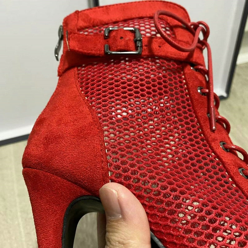 Mesh Short Boots Zipper Back High Heels