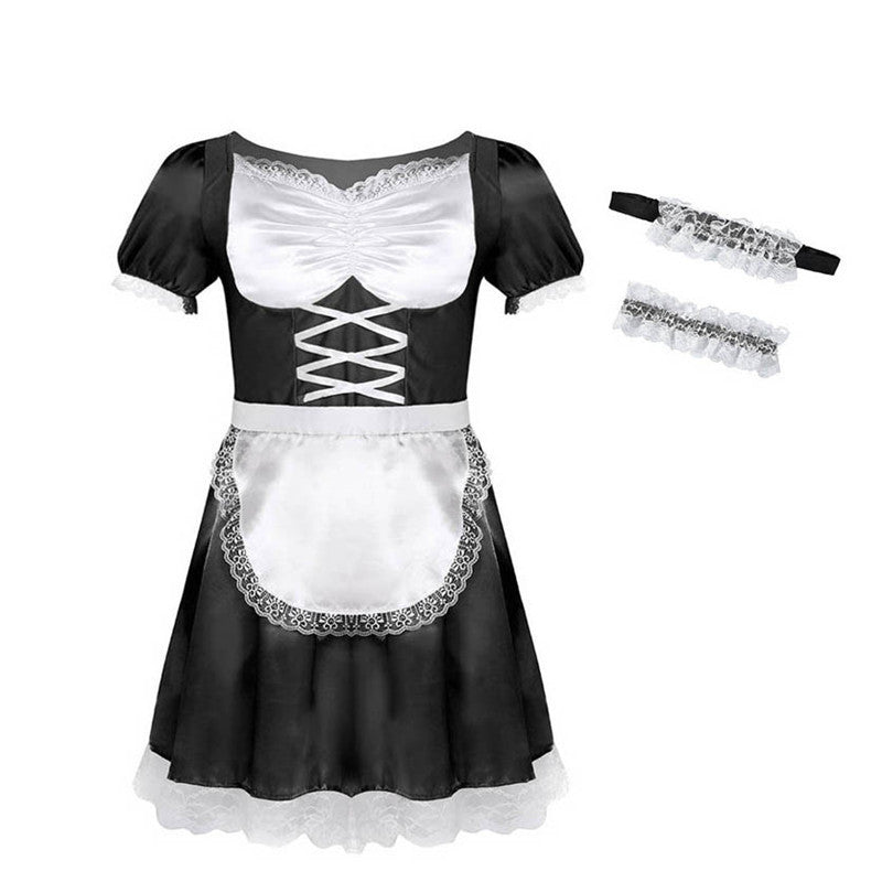 3Pcs Gay Mens Sissy Dress Maid Uniform Dress for Gay Sissy Costume Outfit Short Sleeve Satin Dress with Choker and Headband