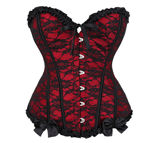 Red Women Mesh Grid Lingerie Basque Corselet Bustier Floral Lace Overlay Corset Overbust Plus Size 805#